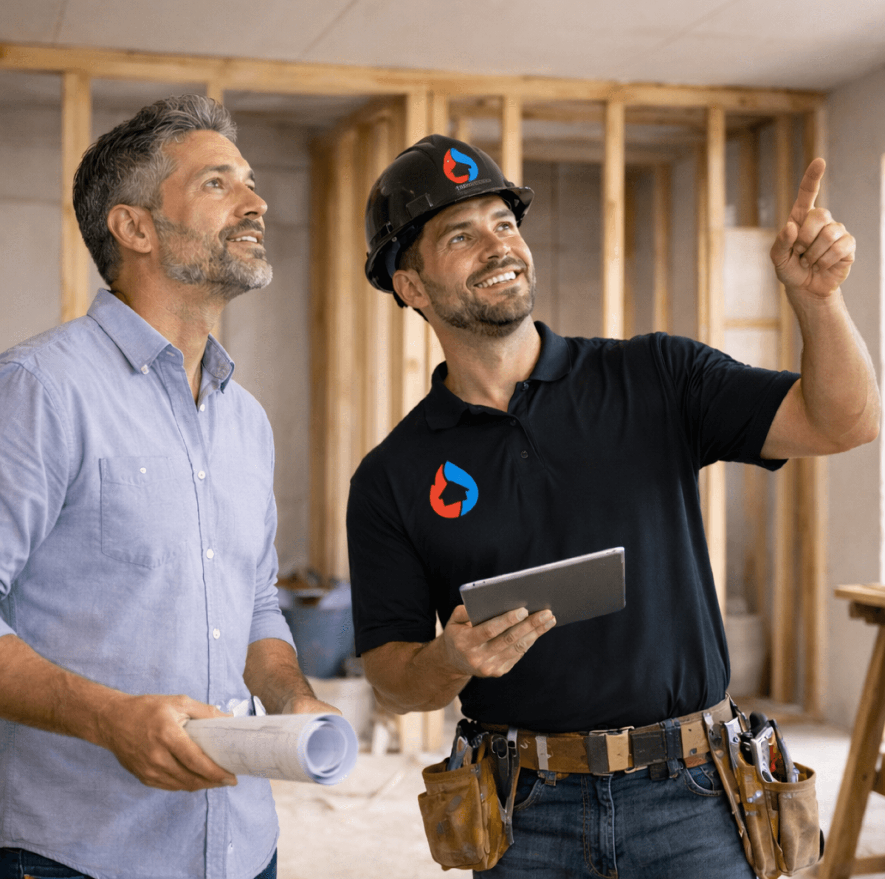Americon worker and homeowner in Texas reviewing a project