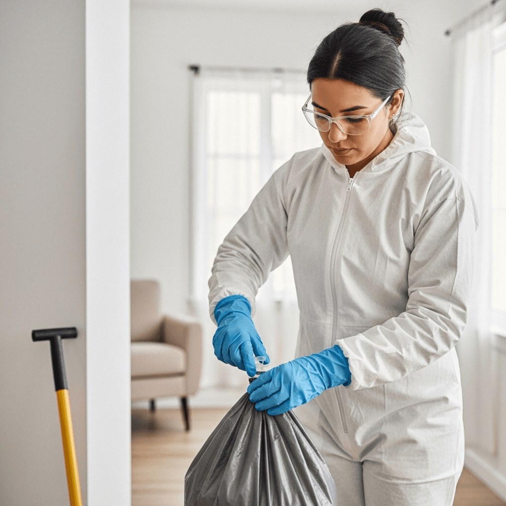 Biohazard cleanup team in protective gear performing decontamination in Ohio Valley property
