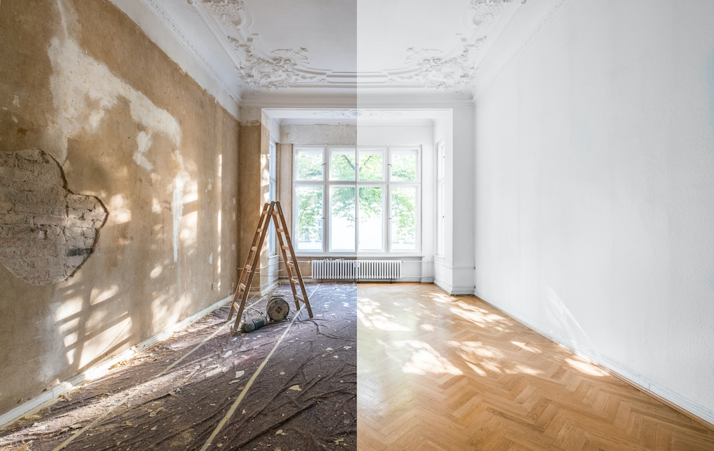 On the left, a room before restoration. On the right, the same room looking much cleaner and brighter.