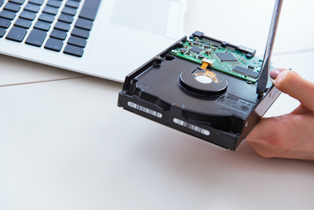 A hard drive is prepared for data restoration