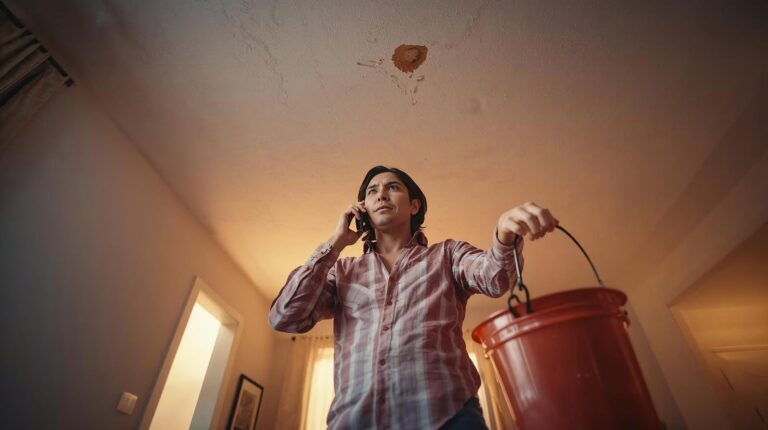 Person holding a phone and a bucket worrying about can a leaking ceiling collapse.