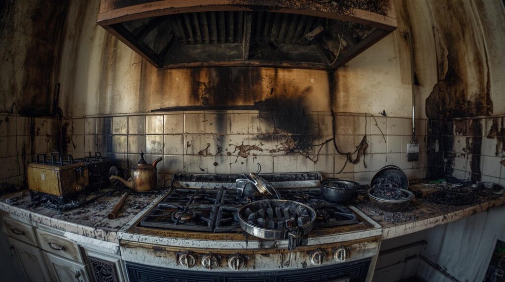 Soot damage after a fire on walls and ceiling of an Ohio Valley home showing black residue and smoke staining requiring professional cleanup